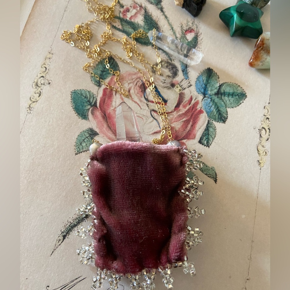 Stunning Velvet Amulet/Pendant Bag Necklace With Delicate Beadwork - OOAK